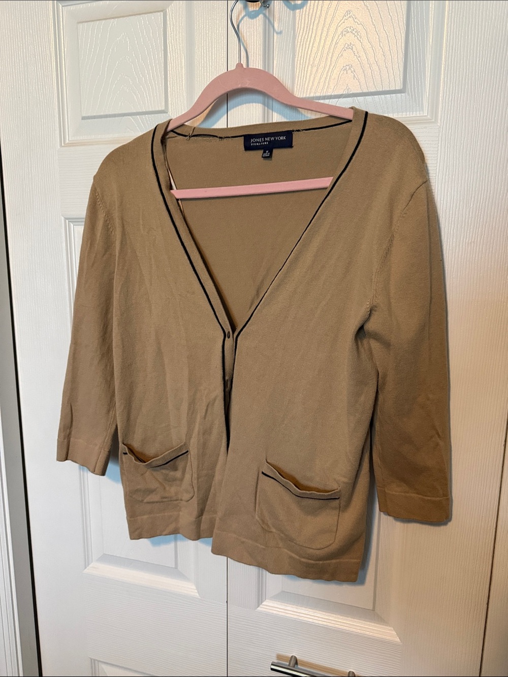 Jones New York Tan Cardigan with Black Trim Accents